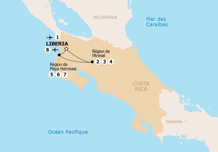 Carte de l’itinéraire – Parcs du volcan Arenal et plages de Guanacaste