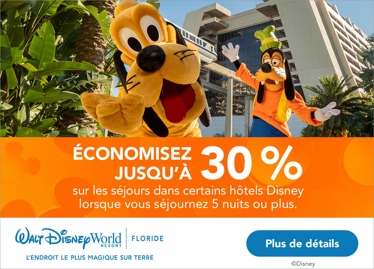 Économisez jusqu’à 30 % sur les chambres dans certains hôtels Disney lorsque vous séjournez 5 nuits ou plus